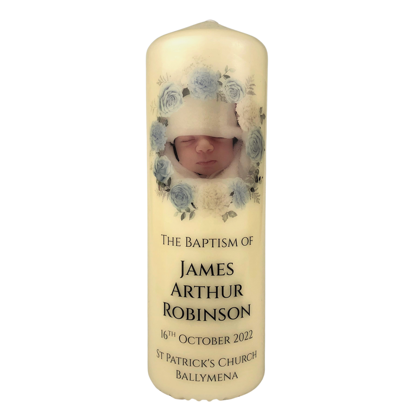 Blue Floral Christening Photo Candle