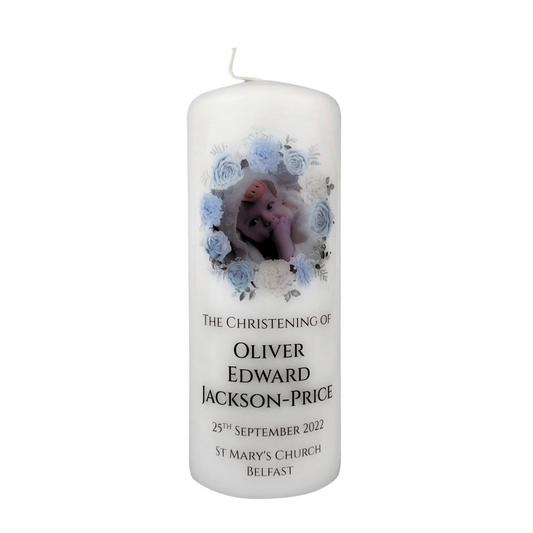 Blue Floral Christening Photo Candle