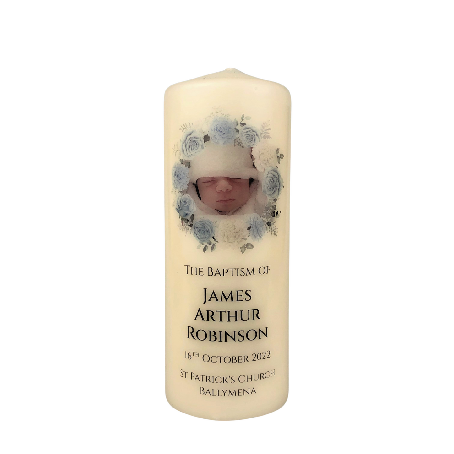 Blue Floral Christening Photo Candle