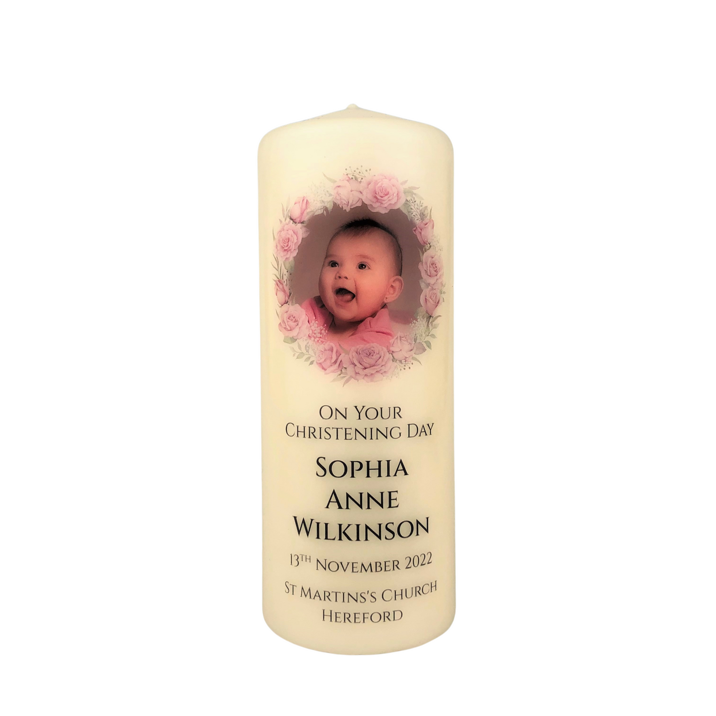 Pink Floral Christening Photo Candle