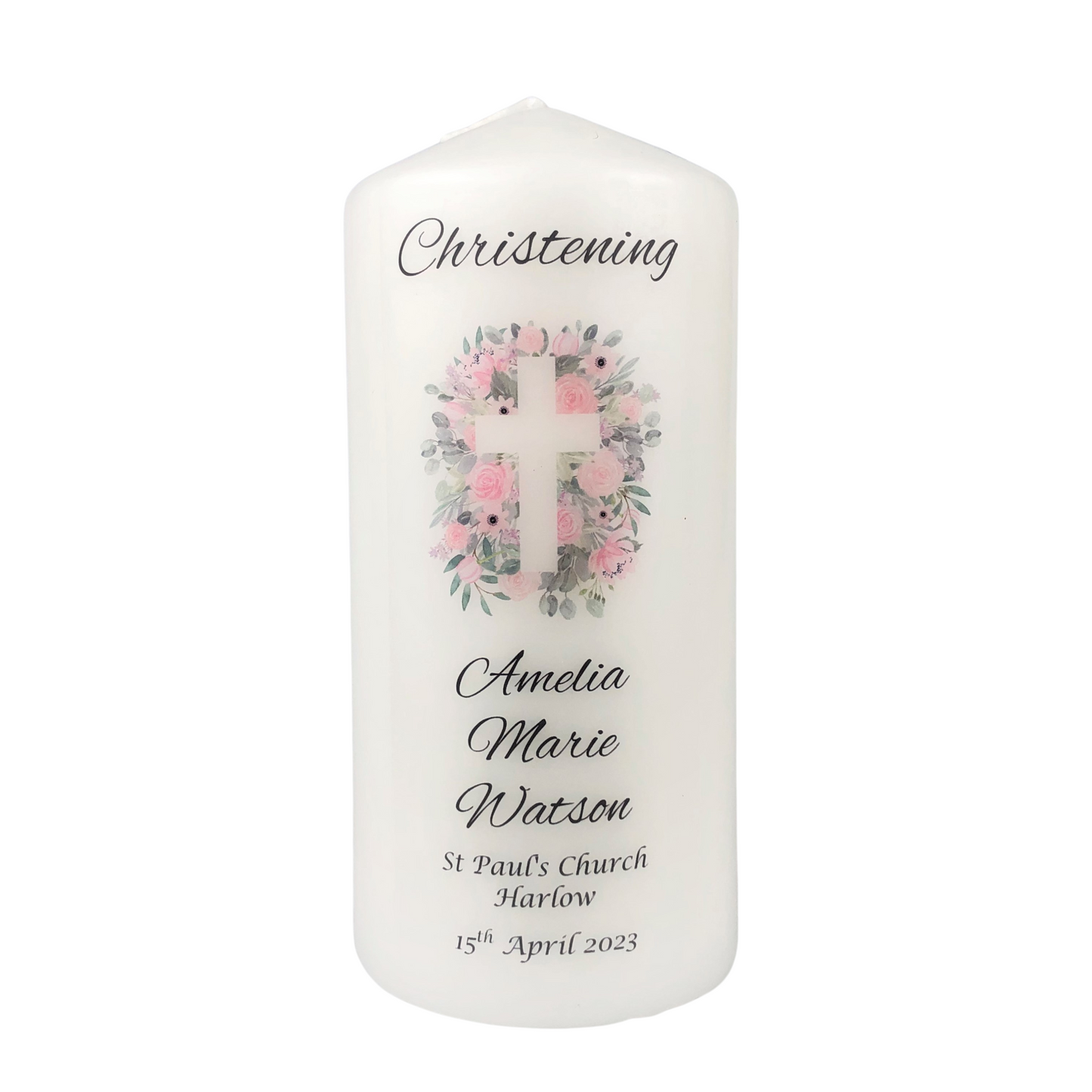 Personalised Pink Floral Christening Candle