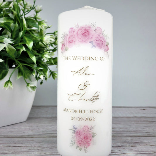 Wedding Candle, Personalised Pink Floral Wedding Pillar Candle 6x15cm