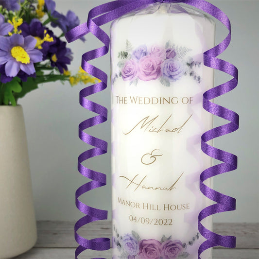 Wedding Candle, Personalised Purple Floral Wedding Pillar Candle 6x15cm