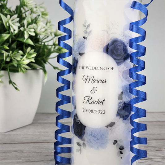 Wedding Gift, Personalised Blue Floral Wedding Candle