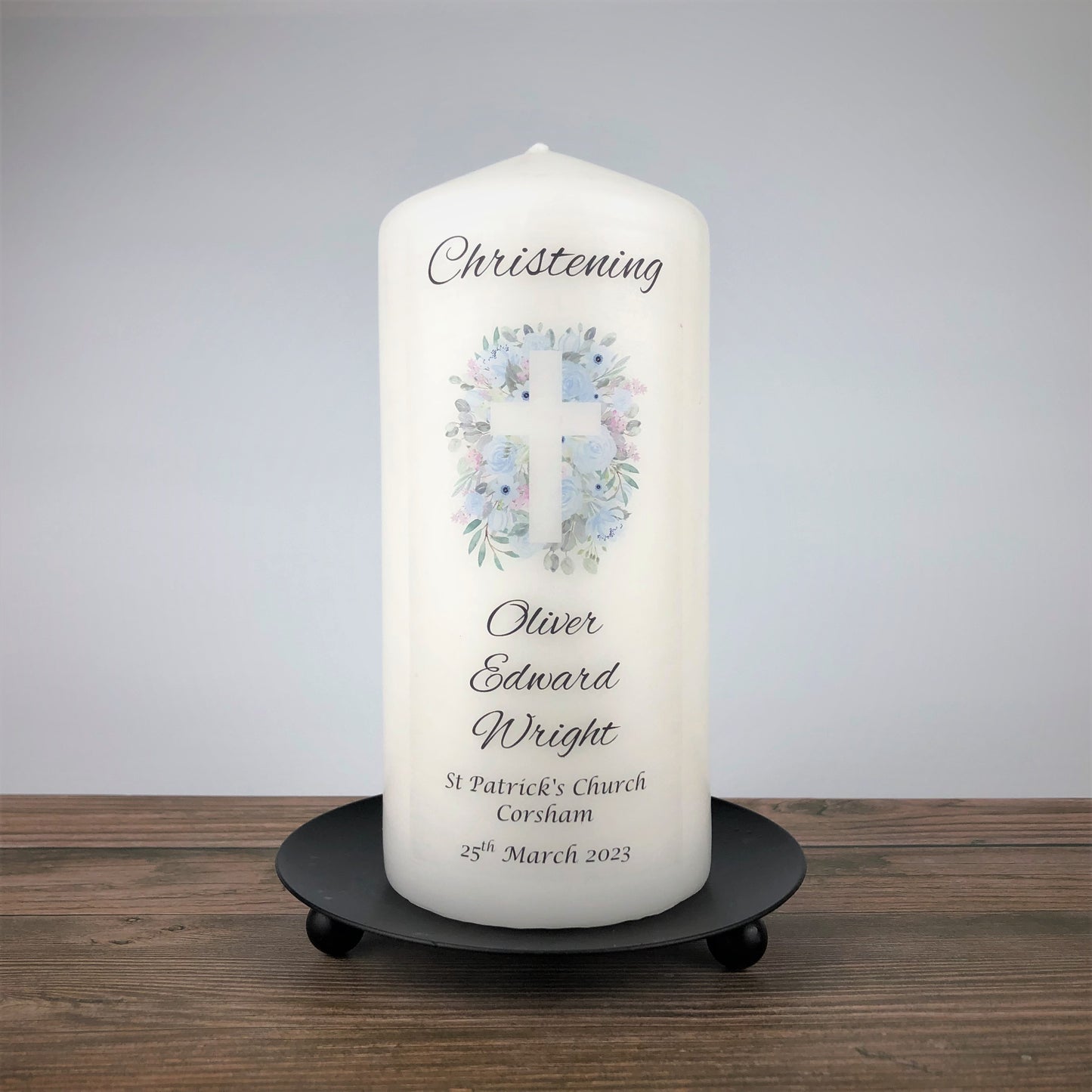 Personalised Blue Floral Christening Candle