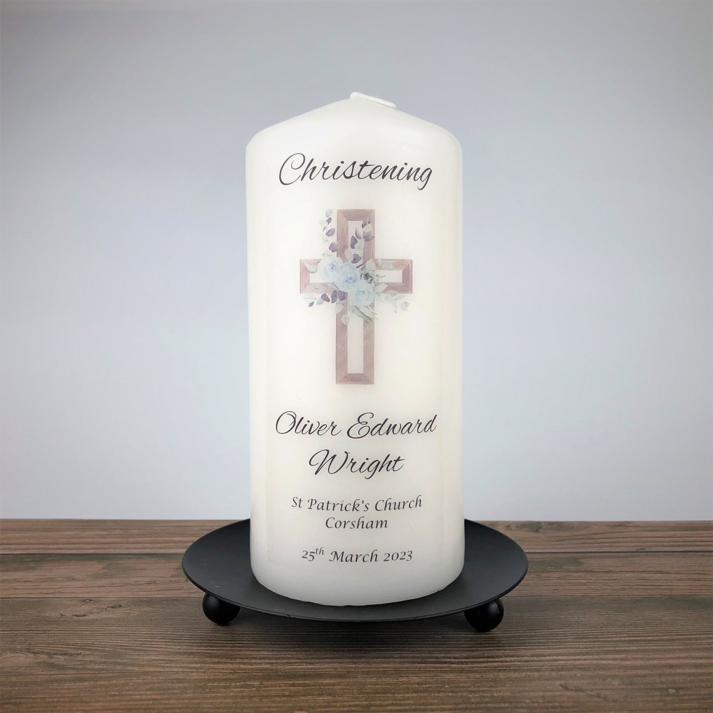 Personalised Blue Floral Cross Christening Candle