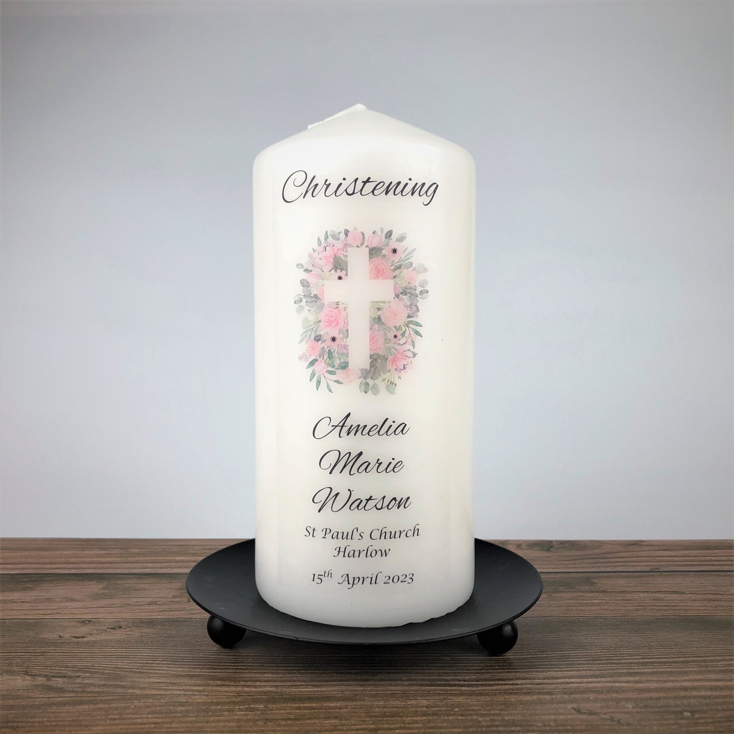 Personalised Pink Floral Christening Candle