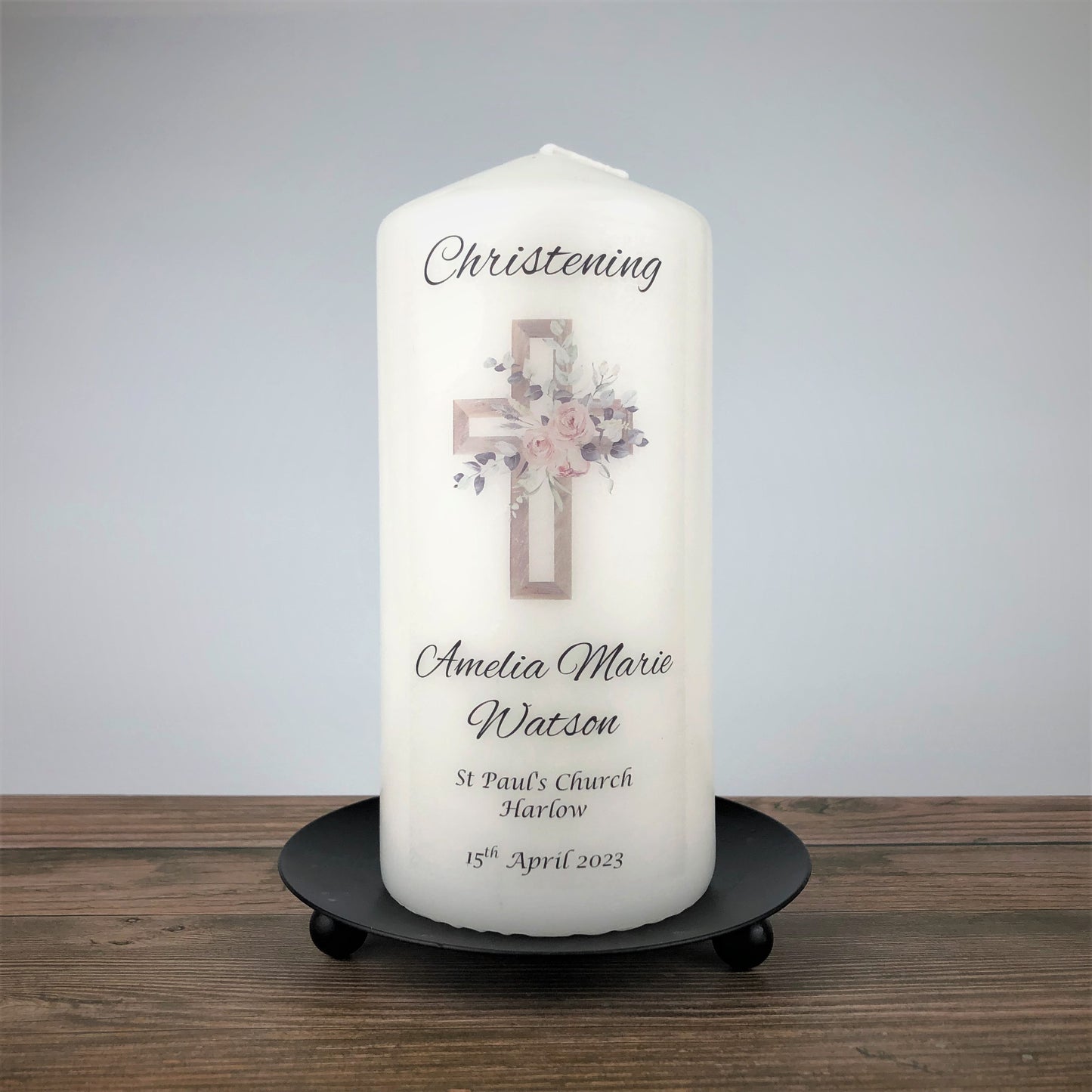 Personalised Pink Floral Cross Christening Candle