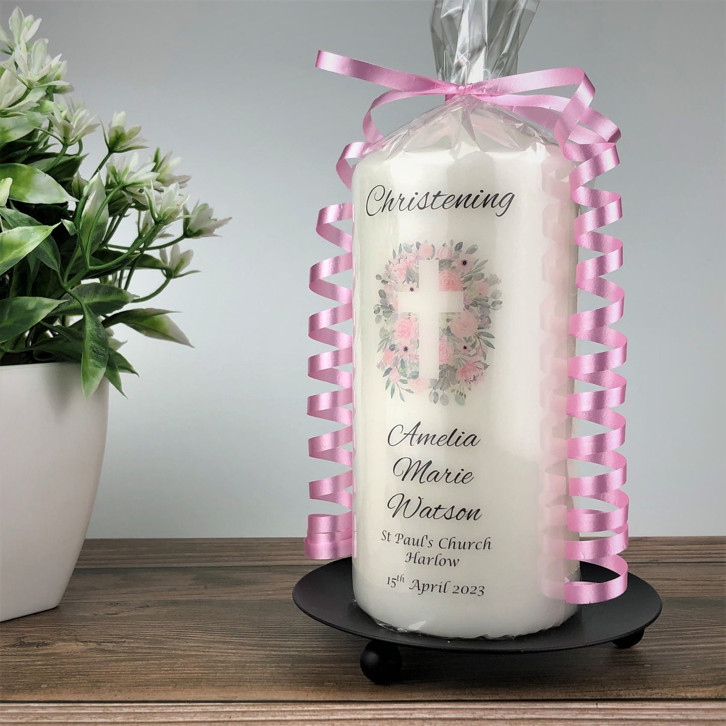 Personalised Pink Floral Christening Candle