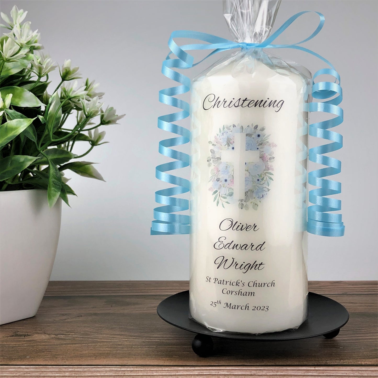 Personalised Blue Floral Christening Candle