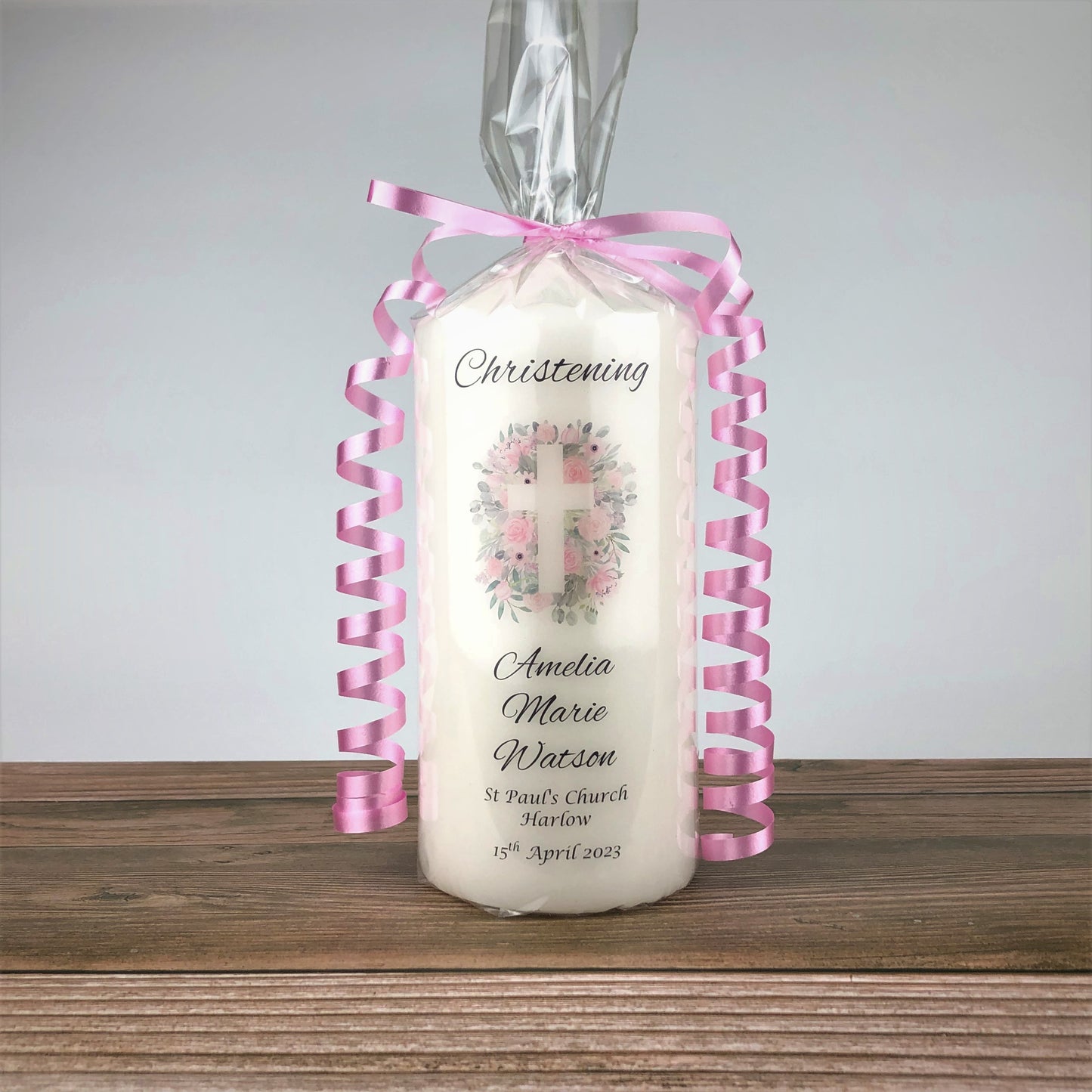 Personalised Pink Floral Christening Candle