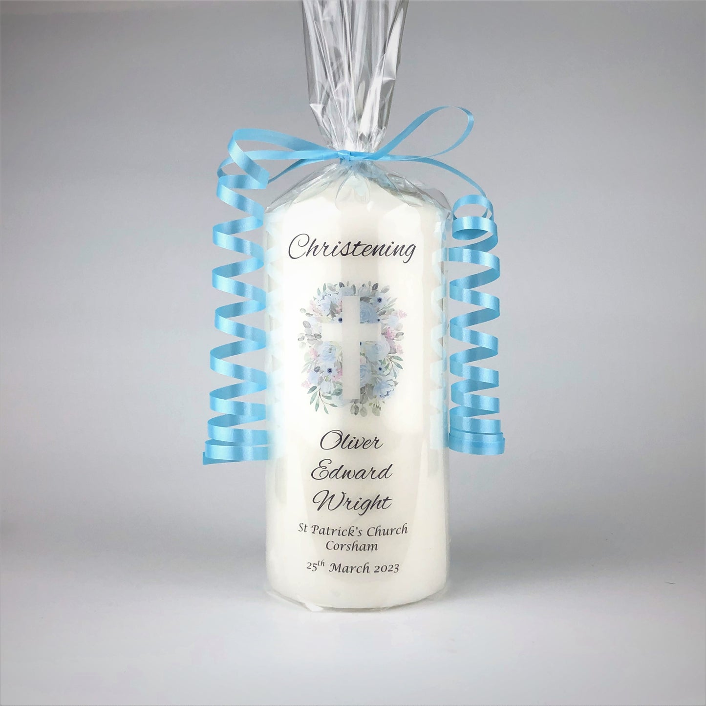 Personalised Blue Floral Christening Candle