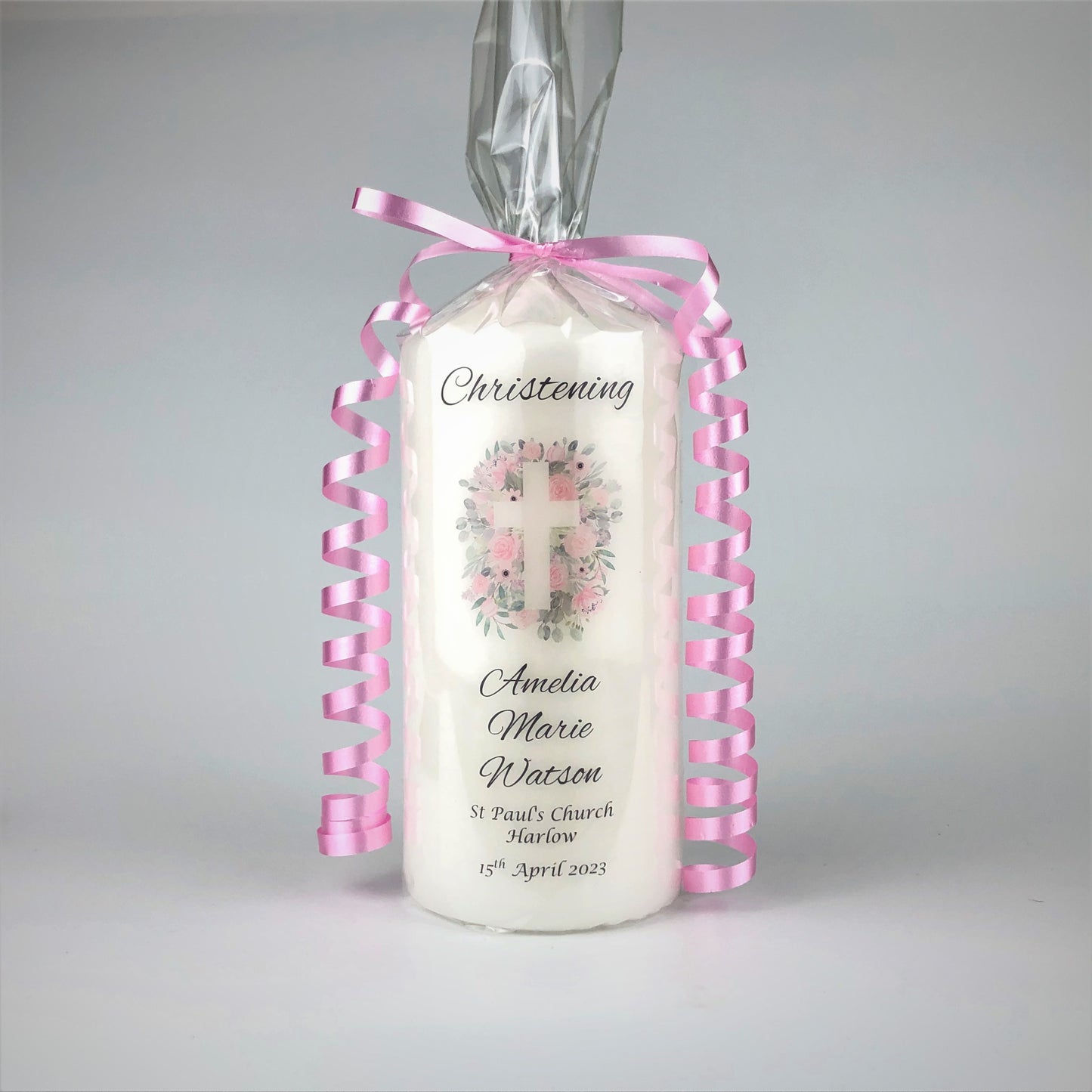 Personalised Pink Floral Christening Candle