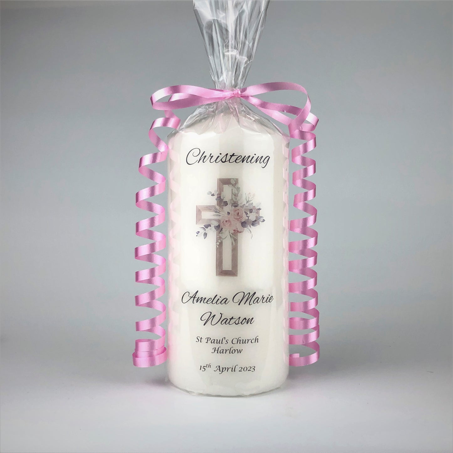 Personalised Pink Floral Cross Christening Candle