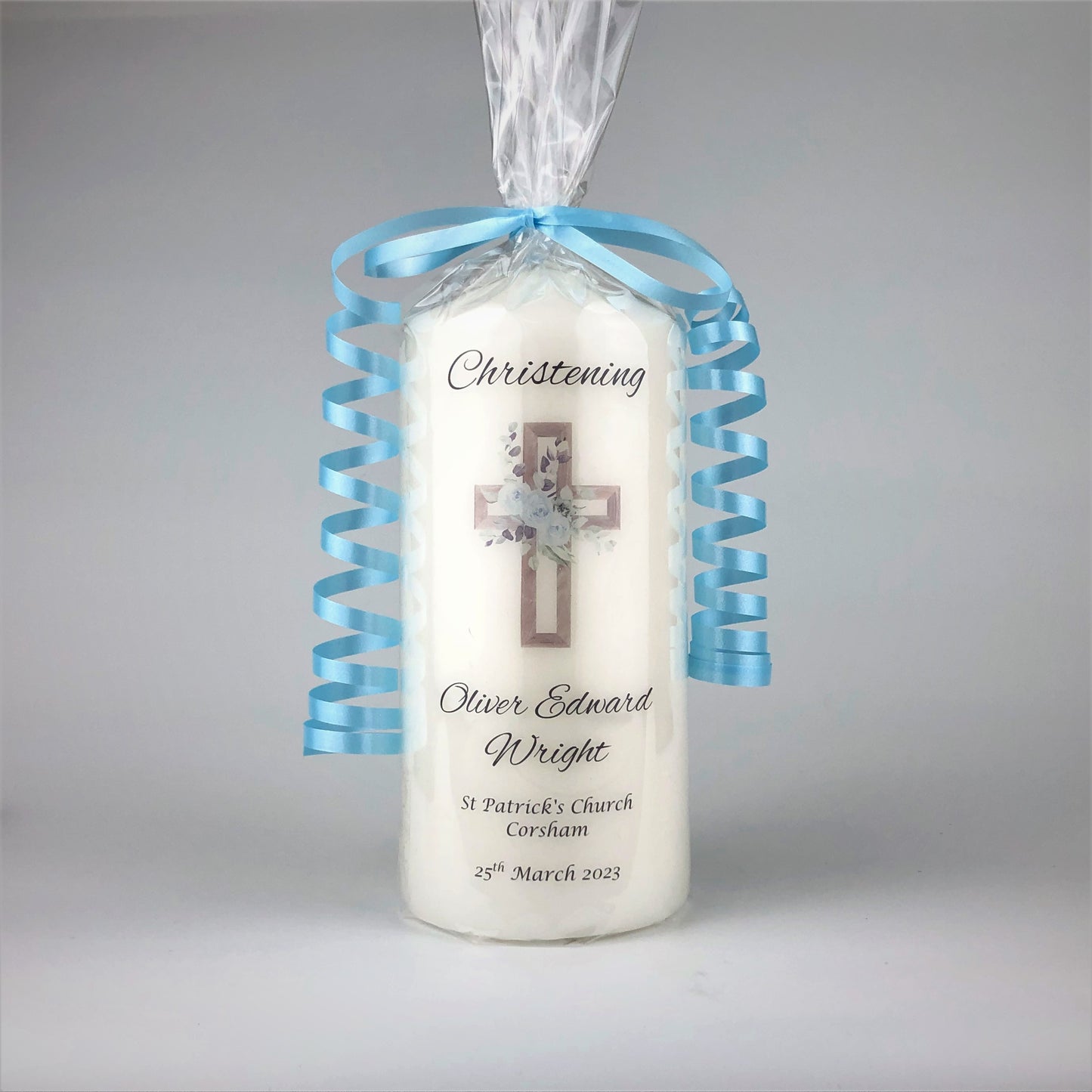 Personalised Blue Floral Cross Christening Candle