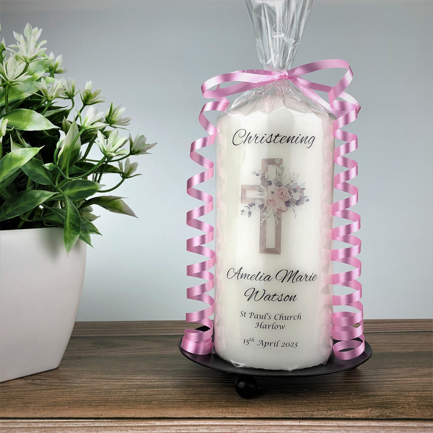 Personalised Pink Floral Cross Christening Candle