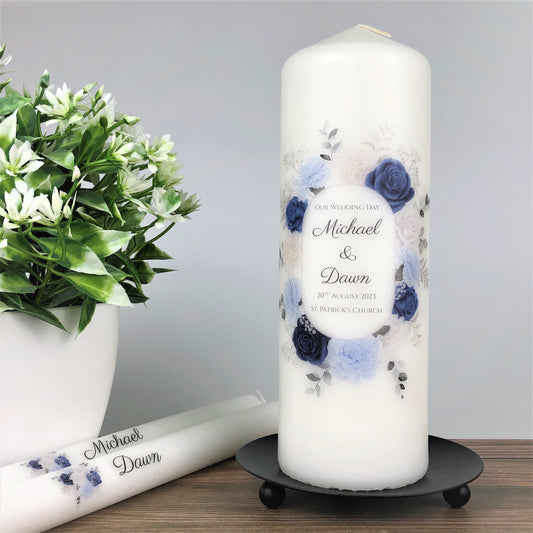 Blue Floral Wedding Unity Candle Set