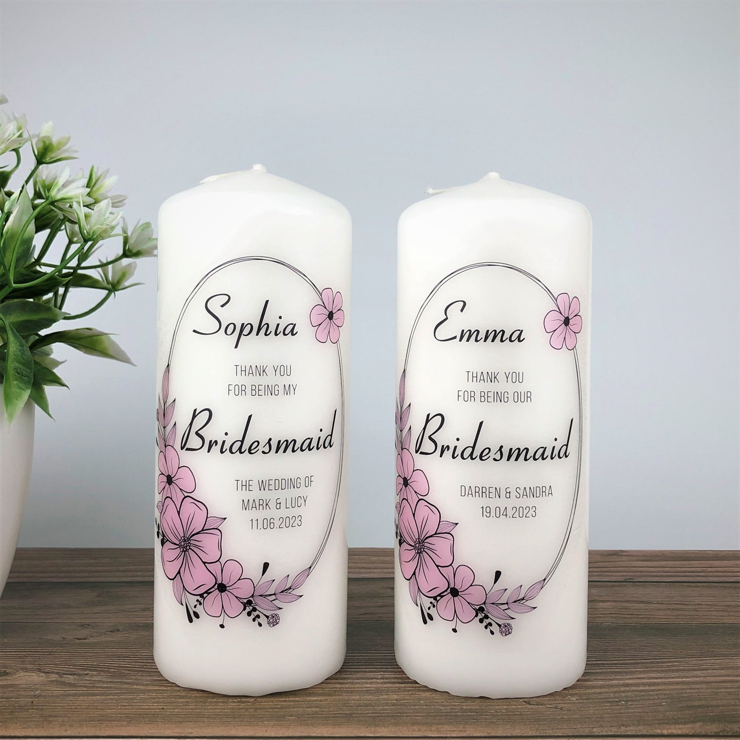 Personalised Bridesmaid Thank You Candle - Pink Floral Wedding Gift for Bridesmaid / Flower Girl