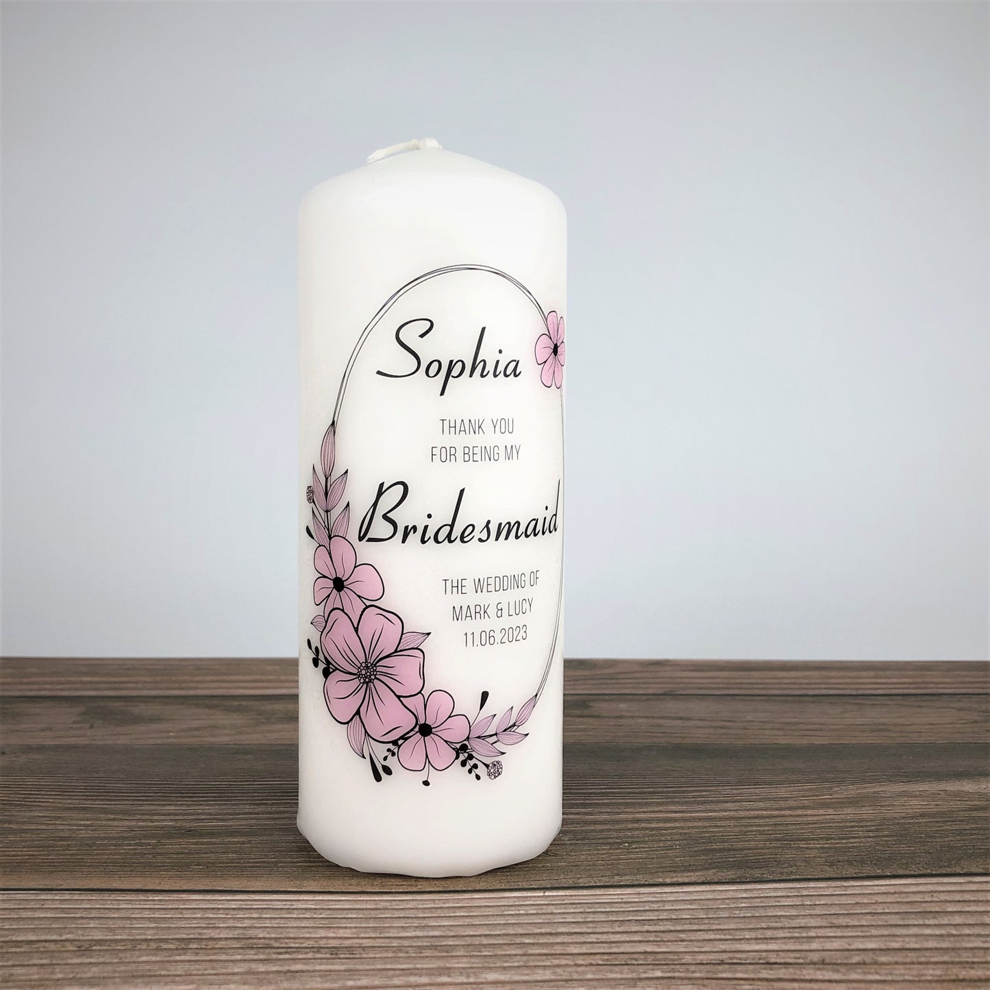 Personalised Bridesmaid Thank You Candle - Pink Floral Wedding Gift for Bridesmaid / Flower Girl