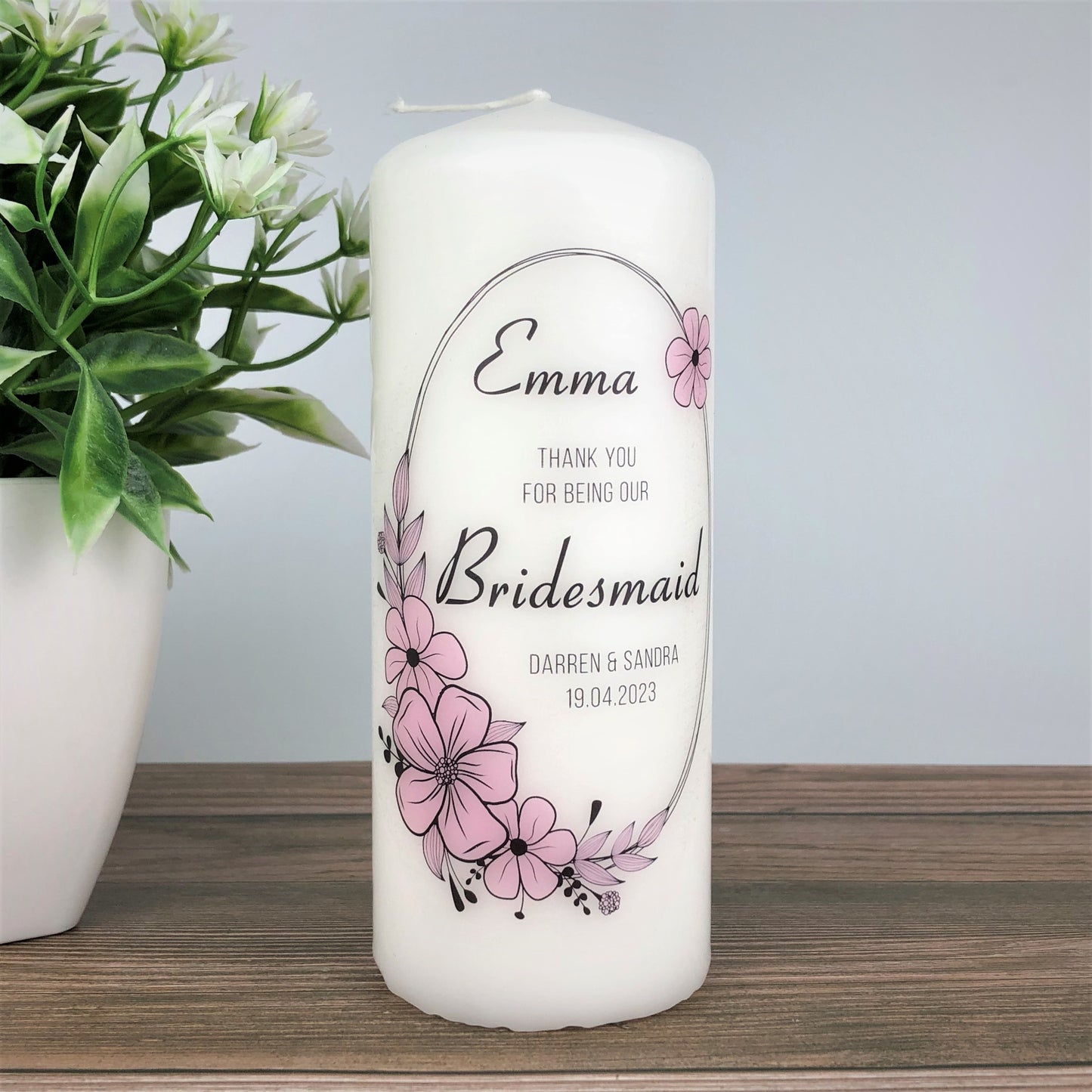 Personalised Bridesmaid Thank You Candle - Pink Floral Wedding Gift for Bridesmaid / Flower Girl