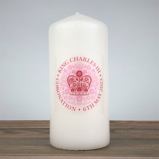 King Charles III Coronation Candle Souvenir - Red/Pink